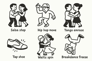Naklejka premium hand drawn cute doodle style isolated rhythm (dance moves): salsa step hip hop move tango embrace waltz spin tap shoe breakdance freeze. м