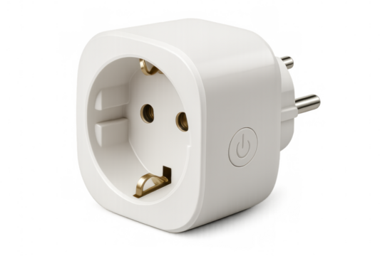 Smart white plug with power control, enabling home energy optimization and device automation, against clean transparent surface