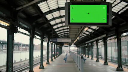 Empty elevated train station platform with green screen display for custom content and digital signage