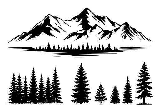Black and white mountain landscape with pine trees silhouettes vector art - Powered by Adobe