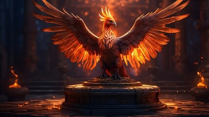 A glowing phoenix perched on an ancient, rune-covered pedestal, cinematic fantasy and mythology desktop wallpaper backdrop, cinematic HDR vibrant theme colors, promo movie sales poster banner