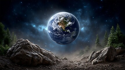 A cosmic landscape featuring Earth in the center, surrounded by space dust, asteroid belts, and bright starlight.