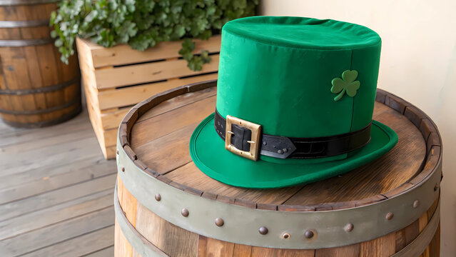 St patricks day green hat shamrock clover irish top hat wooden barrel holiday celebration festive decor - Powered by Adobe