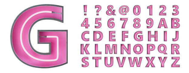 Bright Neon Font with fluorescent tubes.Metallic futuristic  cyberpunk Alphabet. 3d Rendering Isolated on White Background.