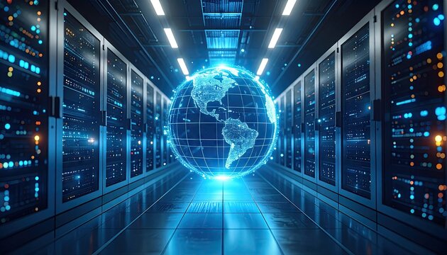 Futuristic server room with global network graphic
