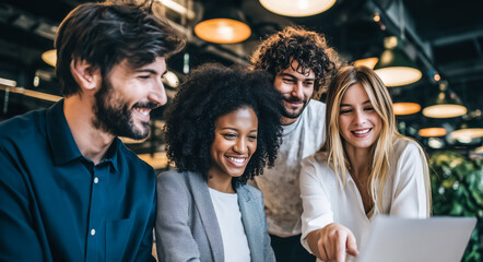 Diverse Business Team Collaborating In Office Environment Smiling And Engaging Around Open Laptop