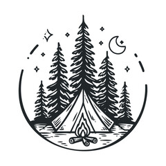 Fototapeta premium Night camping under stars with tent and campfire in forest