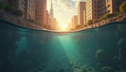 Underwater view of a submerged urban landscape during sunset with buildings and a church steeple above
