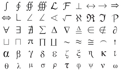 Mathematical and Scientific Symbols in a Vector Set for Academic and Educational Use, Greek Letters, Alphabets , Operators, algebra, Technical Symbols in a Vector form, versatile set
