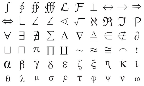 Mathematical and Scientific Symbols in a Vector Set for Academic and Educational Use, Greek Letters, Alphabets , Operators, algebra, Technical Symbols in a Vector form, versatile set