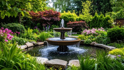 Fototapeta premium Lush garden with fountain