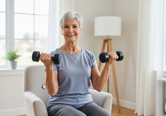 Senior woman doing dumbbell curls seated