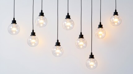 Nine illuminated globe light bulbs hanging against a white wall.