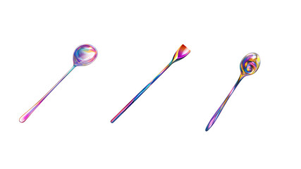 Three Spoons with Rainbow-Colored Handles and Gradient Bowls on white or transparent background.
