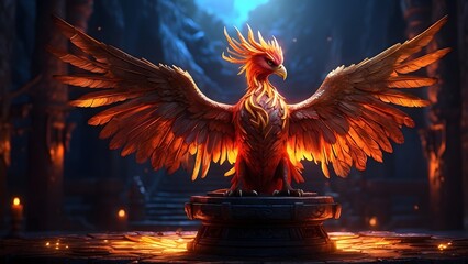 A glowing phoenix perched on an ancient, rune-covered pedestal, cinematic fantasy and mythology desktop wallpaper backdrop, cinematic HDR vibrant theme colors, promo movie sales poster banner