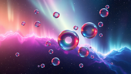 Cosmic scene of colorful bubbles drifting in space, surrounded by stars and auroras, soft ambient glow, sci-fi fantasy atmosphere