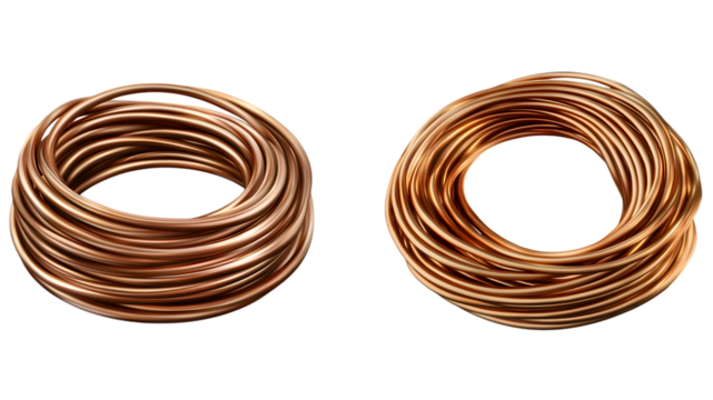 Two Copper Wire Coils, One Neat and One Untidy on white or transparent background.
