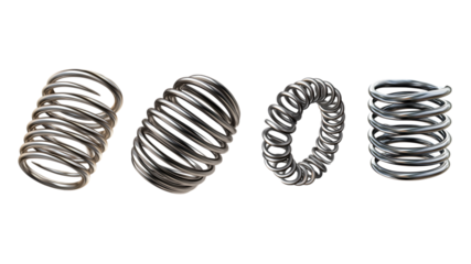 Four Metallic Helical Springs with Different Coiling Patterns on white or transparent background.
