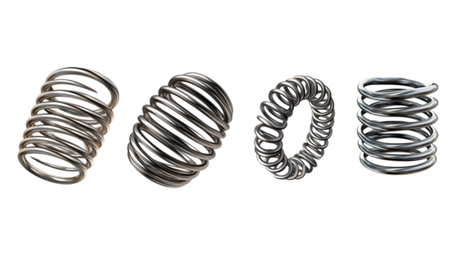 Four Metallic Helical Springs with Different Coiling Patterns on white or transparent background.
