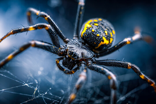Close-up of a black and yellow orb-weaver spider on its web - Powered by Adobe