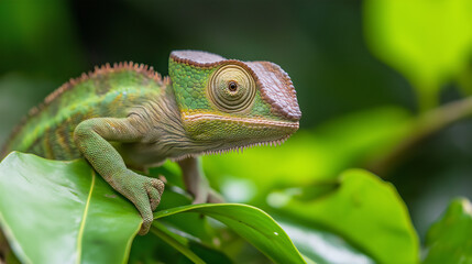 Chameleon reptile with colorful scales in jungle habitat, showcasing nature's vibrant wildlife