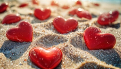 Fototapeta premium red heart-shaped candies scattered across a sandy beach with a blurred ocean backdrop create a romantic and whimsical scene.