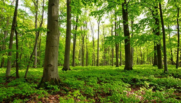 Lush green forest floor bathed in sunlight