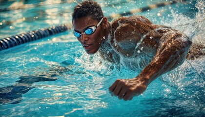 a focused male swimmer powerfully strokes through the water in a competitive freestyle race.