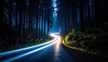 Obraz premium Winding road through a dark forest at night