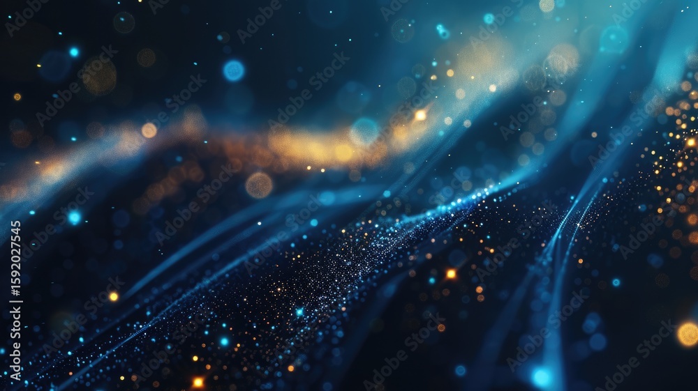 Poster abstract picture micro light sparkling particle represent data flow vivid flowing wave with high tec