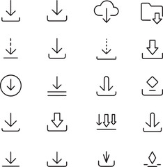 Download icon collection. 20 unique cloud and arrow symbols black and white line style.