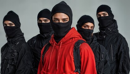 a group of masked individuals in dark outerwear stand together, with one person wearing a vibrant red hoodie as a focal point.