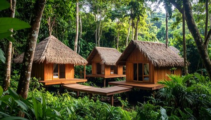 Lush jungle, thatched-roof cabins