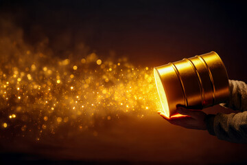 Gold barrel emitting sparkling light in a dark environment