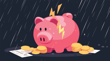 Shattered Piggy Bank with Lightning Bolt and Rainstorm