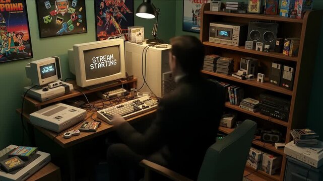 Retro Gaming Room: Vintage Computer and Console Setup. Stream starting soon screen, overlay loop, animated virtual backgrounds, cozy lo-fi gaming room, vtuber asset twitch zoom OBS, livestreaming.
