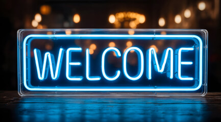 Obraz premium Blue glowing neon sign displaying the word WELCOME with light reflections.