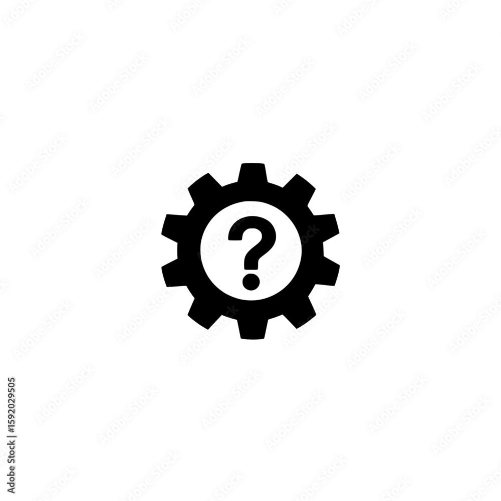 Poster gear with question mark icon representing help settings and system support in flat vector style