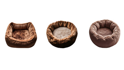Three Pet Beds in Brown and Beige Fur Upholstery on white or transparent background.
