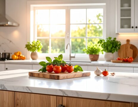 warm and inviting rustic kitchen scene with wooden countertop, fresh tomatoes, garlic cloves, basil leaves scattered on marble cutting board, natural morning light from window, shallow depth of field - Powered by Adobe