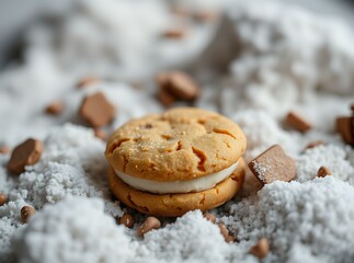 Cookie Sandwich with Cream Filling: A delectable close-up of a creamy cookie sandwich, meticulously arranged, showcasing the artistry of sweet indulgence and the tempting details.