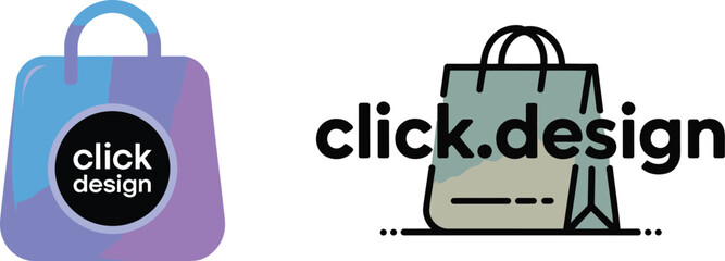 A shopping bag with a gradient and a black circle that says click design on a light gray background
