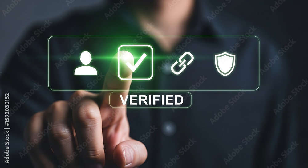 Poster human finger verifying identity with digital interface technology symbolizing verification and secur
