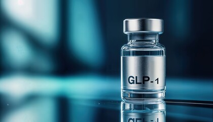 a clear glass vial labeled "glp-1" stands prominently on a reflective surface with a blurred blue background, suggesting a pharmaceutical or medical context.
