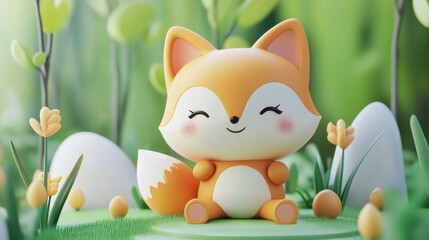 This adorable cartoon fox character sits in a vibrant nature scene, surrounded by eggs and greenery, evoking a sense of joy and creativity in any design project.