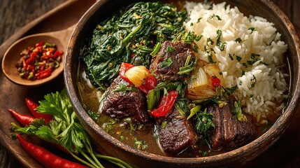 Madagascar dish Romazava Beef stew with leafy greens tomatoes and ginger served over rice the national dish with a dark green appearance