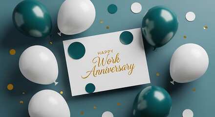 Work anniversary celebration with balloons and festive confetti on a teal background