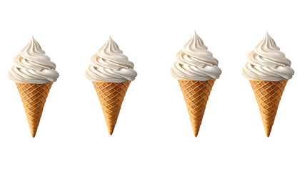 Four Ice Cream Cones with White Creamy Swirls on white or transparent background.
