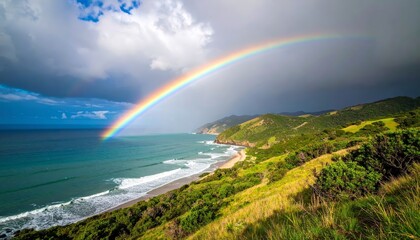 Rainbow spanning coastline under stormy clouds with verdant hills and blue ocean