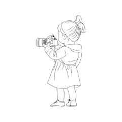 Little girl with camera taking photo in coat and sneakers, line art illustration for photography education, childhood curiosity, or hobby visuals on transparent background.

